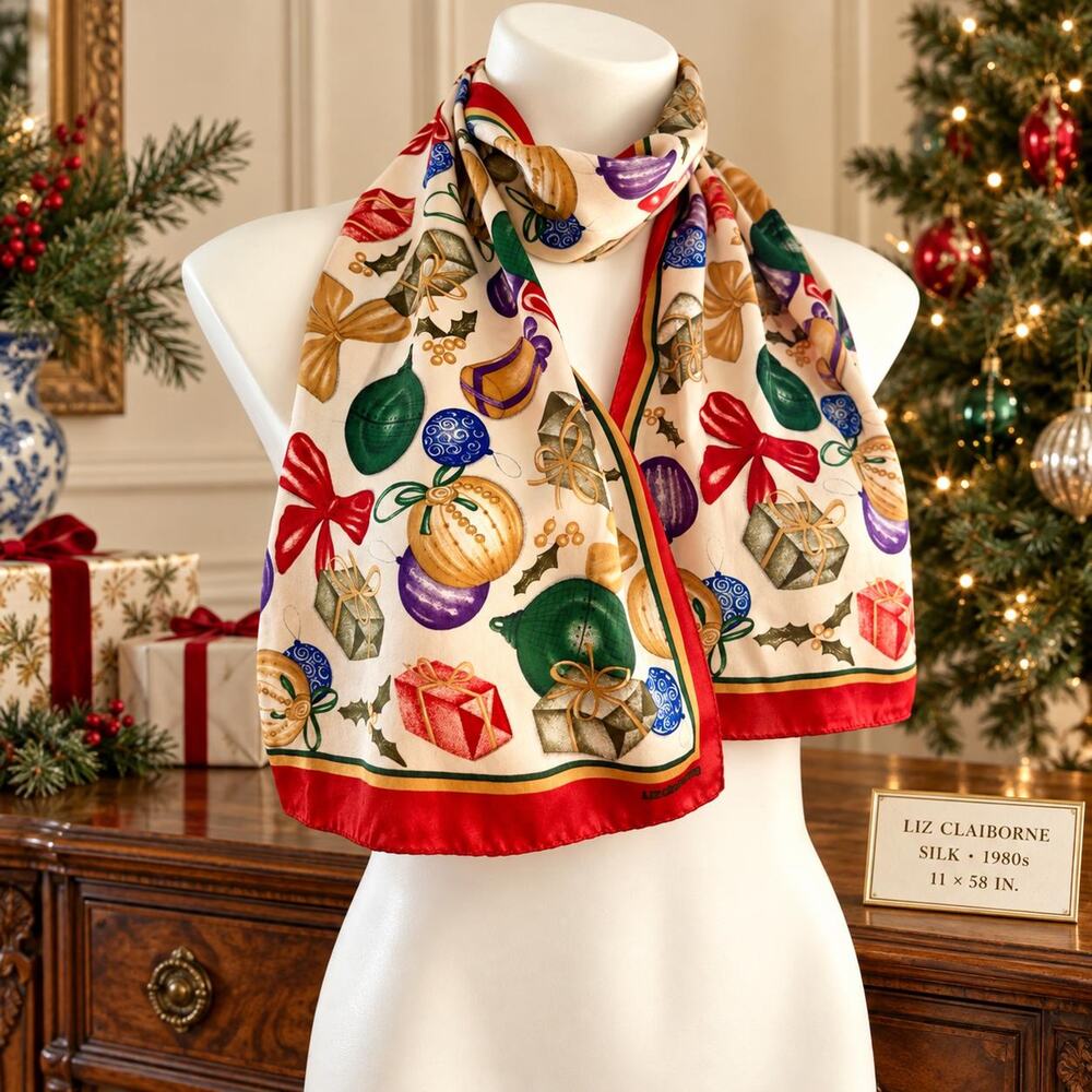 Vintage Liz Claiborne 1980s Silk Scarf Christmas Ornaments Holly Red 11x58